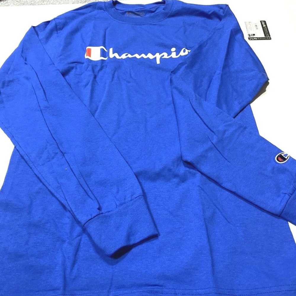 NEW Champion Screen Print Script Men's Classic Long Sleeve Blue Tee Size Small
